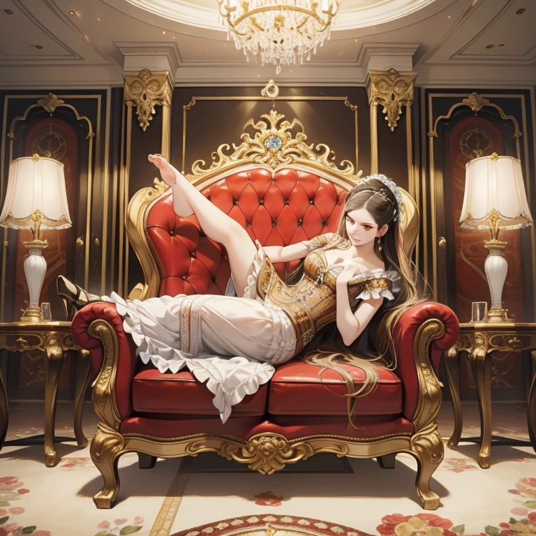 There is a picture of the living room，There are a lot of furniture inside, Royal interior, elegant render, Luxurious Rococo Baroque style, Luxurious environment, elegant baroque style, Rococo style, classicism artstyle, The fusion of Rococo and Art Nouveau, Luxurious HD rendering, Rococo Art Style, extremely opulent, Rococo and Baroque, neoclassical style