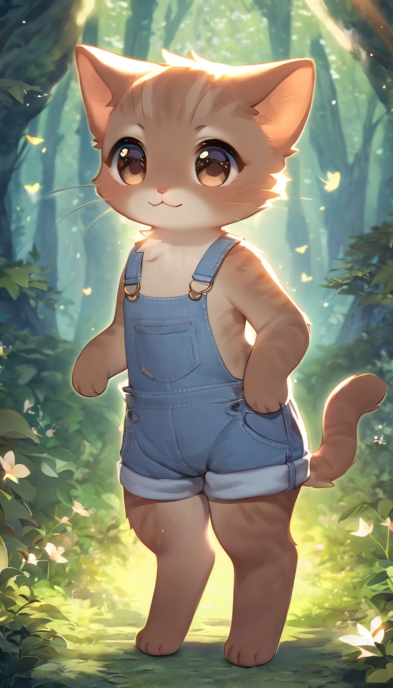 Highest quality, masterpiece, Cute brown kitten, Wearing overalls、Are standing, Fantasy forest world, A gentle glowing image effect,whole body