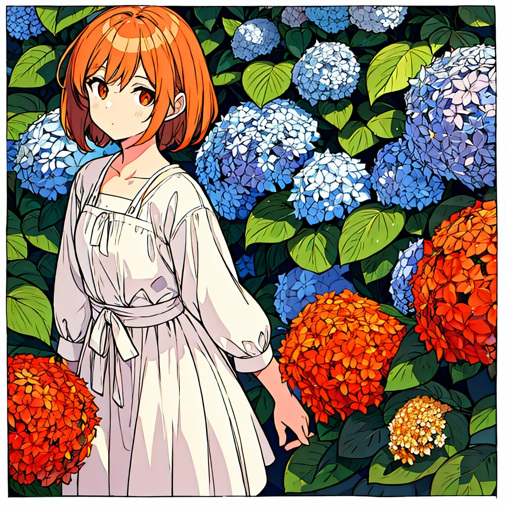 Orange plain background Girl in white Hydrangea Simple Chic