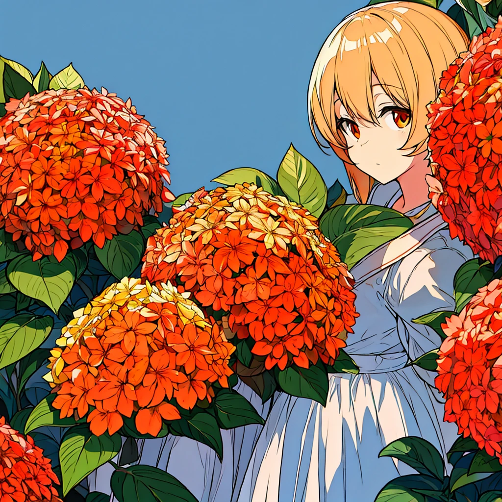 Orange plain background Girl in white Hydrangea Simple Chic