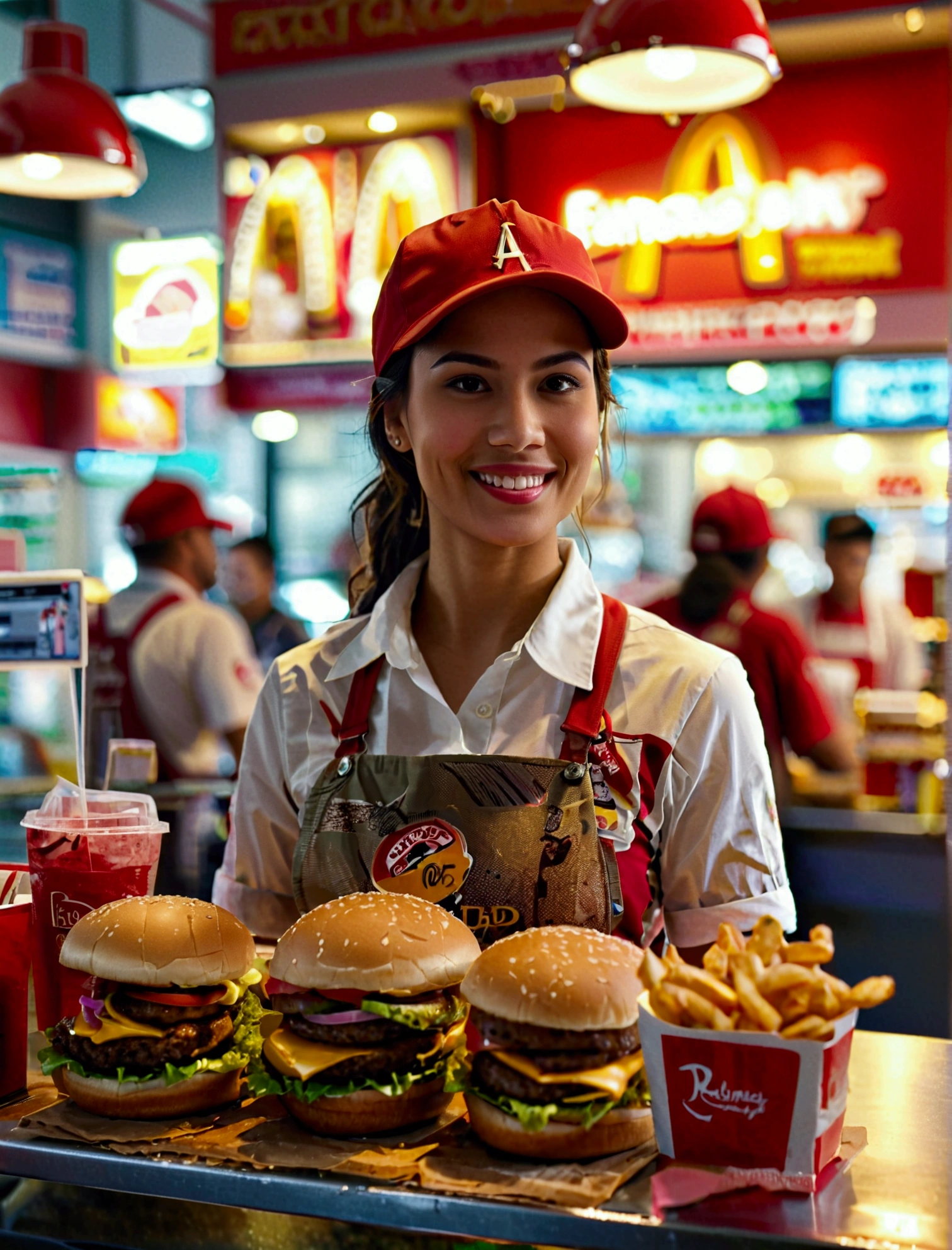 Aphotorealistic, ultra-detailed representation of a dedicated fast food worker serving customers behind the counter in an upper body shot. The individual, showcasing a genuine smile, is skillfully multitasking, handling various orders with precision and attention to detail. Their uniform, emblazoned with the familiar logos of the fast food chain, is worn neatly, and their hands move with dexterity as they assemble meals. The background is a blur of movement, customers lining up to place their orders. The scene is brightly lit, highlighting the worker's focused expression and the intricate mechanisms of the fast food assembly line. The image is shot in 8K UHD,
