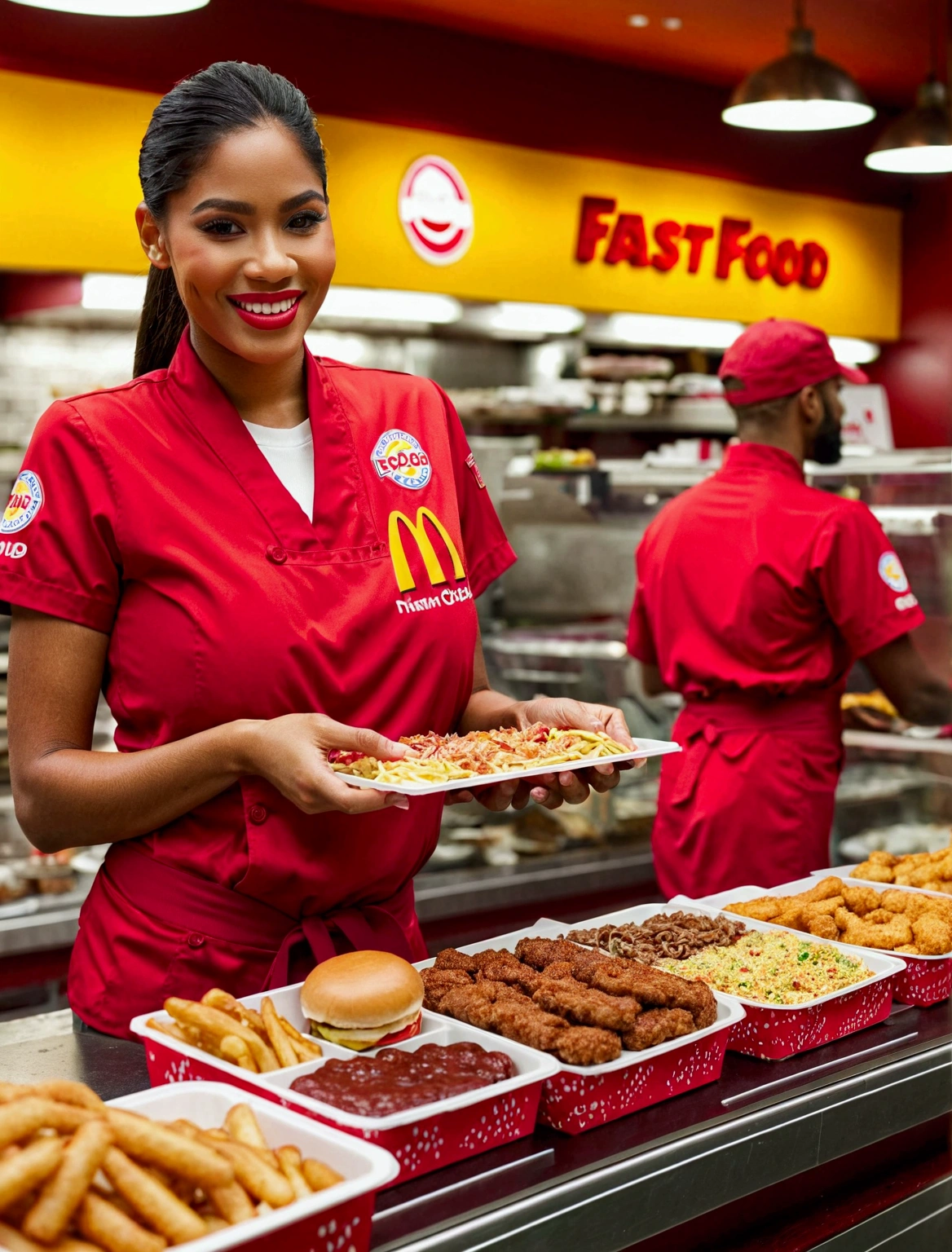 Aphotorealistic, ultra-detailed representation of a dedicated fast food worker serving customers behind the counter in an upper body shot. The individual, showcasing a genuine smile, is skillfully multitasking, handling various orders with precision and attention to detail. Their uniform, emblazoned with the familiar logos of the fast food chain, is worn neatly, and their hands move with dexterity as they assemble meals. The background is a blur of movement, customers lining up to place their orders. The scene is brightly lit, highlighting the worker's focused expression and the intricate mechanisms of the fast food assembly line. The image is shot in 8K UHD,