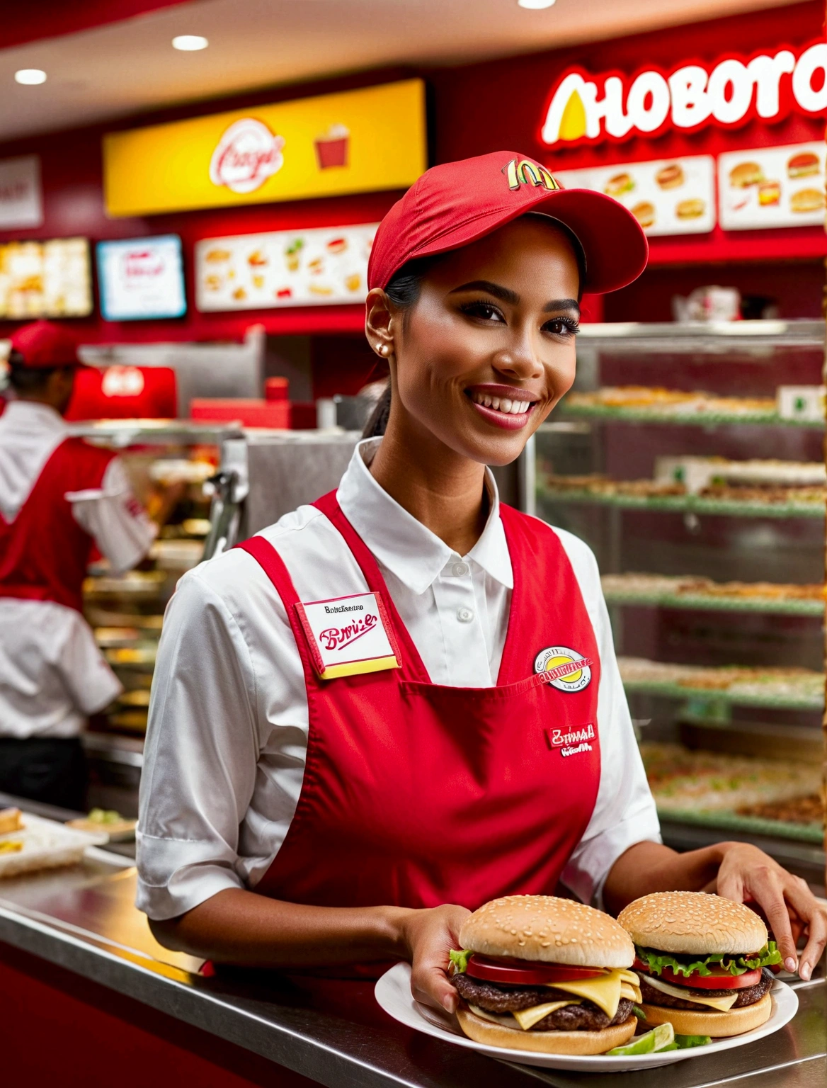 Aphotorealistic, ultra-detailed representation of a dedicated fast food worker serving customers behind the counter in an upper body shot. The individual, showcasing a genuine smile, is skillfully multitasking, handling various orders with precision and attention to detail. Their uniform, emblazoned with the familiar logos of the fast food chain, is worn neatly, and their hands move with dexterity as they assemble meals. The background is a blur of movement, customers lining up to place their orders. The scene is brightly lit, highlighting the worker's focused expression and the intricate mechanisms of the fast food assembly line. The image is shot in 8K UHD,