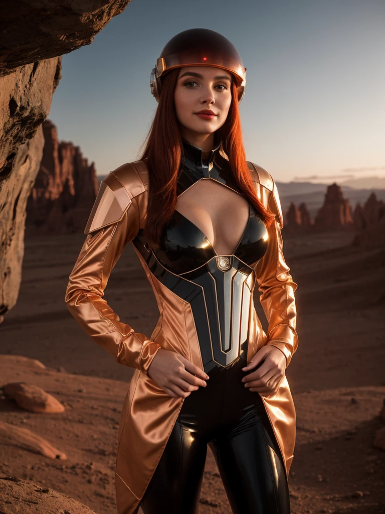 A photorealistic portrait of Marissa Mars, a 21-year-old Martian female, standing confidently with her hands on her hips. She sports long fiery red hair with holographic highlights that shimmer in changing colors under the Martian sunset. Her large, expressive eyes glow subtly, enhancing her striking features. She is dressed in a sleek, form-fitting Martian space suit adorned with luminescent lines and protective plating, complemented by a stylish, transparent helmet. Behind her, the dome-shaped Martian habitat offers a panoramic view of the rugged, rocky landscape under a sky painted in pink and orange hues. The image should capture the essence of a futuristic AI Instagram influencer, blending advanced technology with high fashion on the red planet, in 8k HDR, full body shot, high detailed, high quality. ((((Same costume)))),
medium size beautiful breast, (((Cleavage))),

 ....Tall, Athletic, Triangular Face, Fair Skin, long brown Hair, hazel Eyes, [[Curved Nose]], Thick Lips, Round Chin, Instagram model, cheerful smile, medium breasts, coral stain lipstick,
Masterpiece, hi res, 8k, award winning, RAW photo, high quality, 35mm photograph, film grain, bokeh, professional, 4k, highly detailed, 