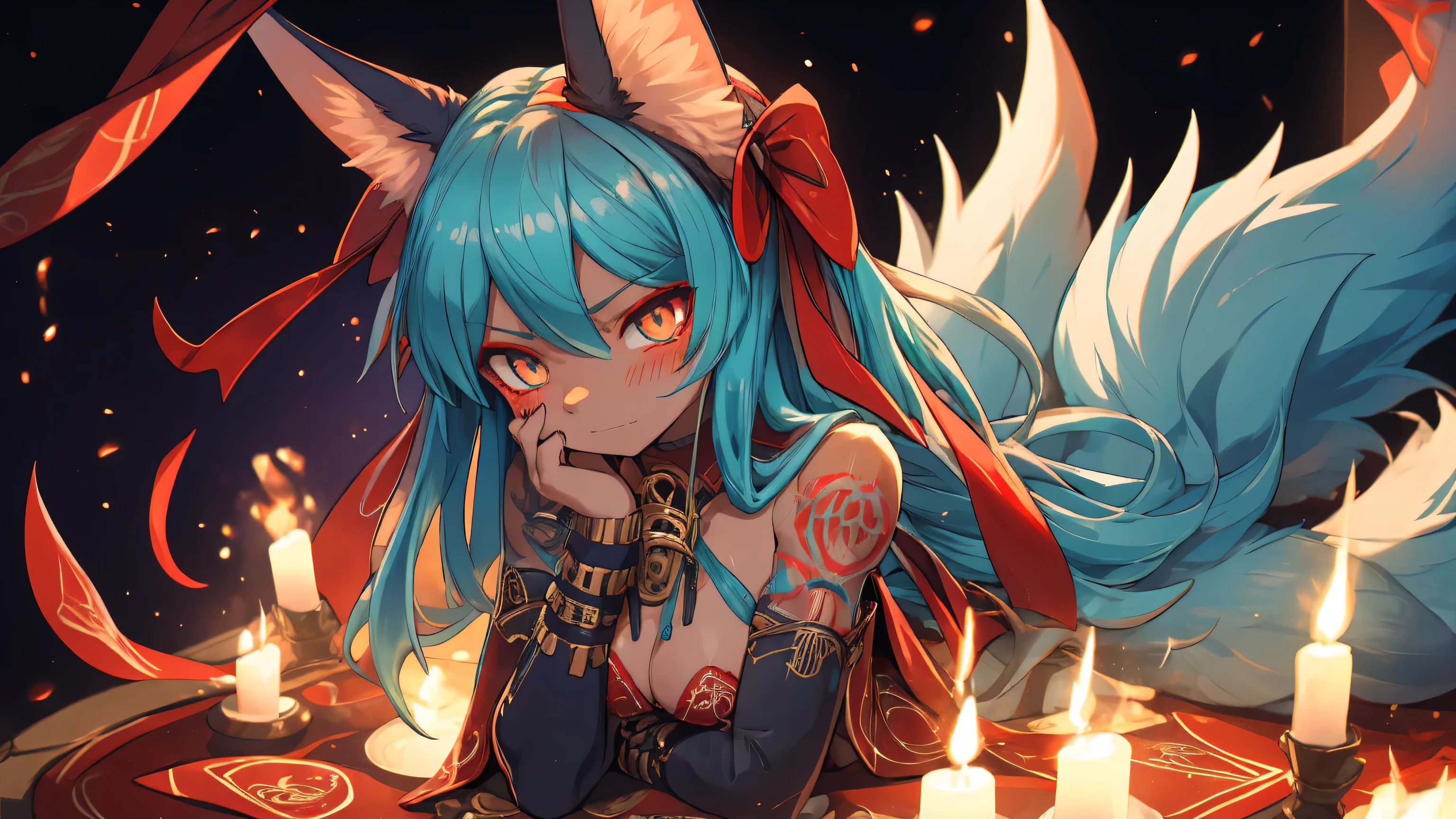 Miku Hatsune, High Definition, kitsune ears, tribal tattoo, flirtatious girl, Small breasts add_detail, magician girl add_detail, sensual pose, horny girl, focus only on his face, hands together, angry expression, pupils with the best definition