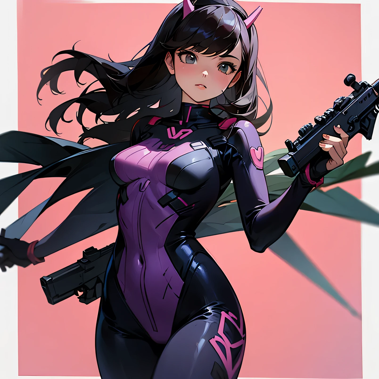 Bodysuit, gun in hand, bangs, dva, black hair 