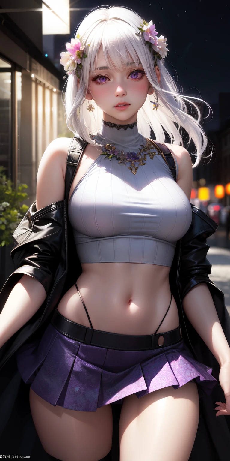 realistic, 1girl, white hair, purple eyes, glowing eyes, crop top, skirt, parted lips, blush, night, flowers, sun, sunlight,