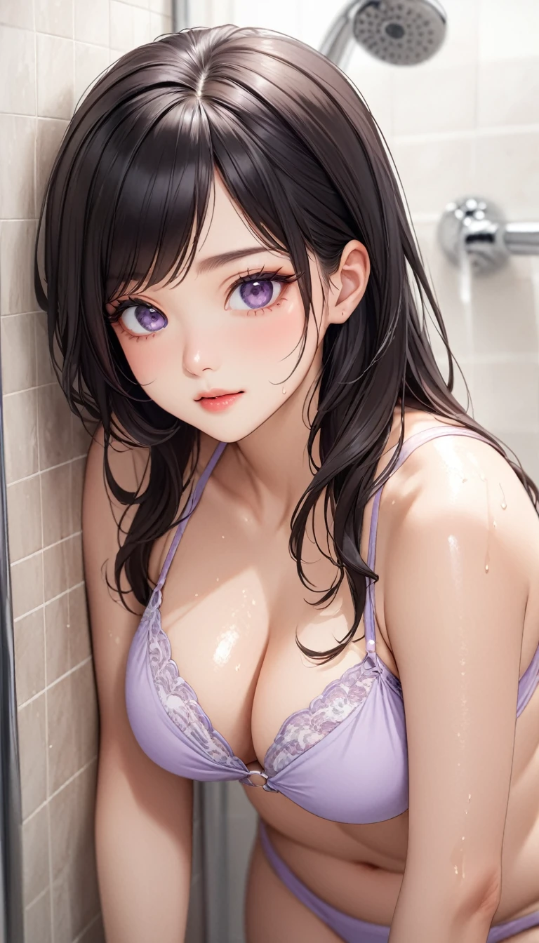 masterpiece, High resolution, perfect face, Korean beauty, 30 years old, beautiful face, bathroom, light purple bikini, embarrassed look, look at the camera, (top quality eyes), detailed texture, look at me, Married woman, cool women, (high resolution eyes), black hair, little curvy, take a shower