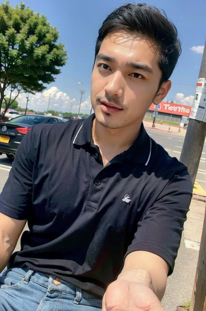 ((realistic daylight)) , Young Korean man in a navy blue polo shirt and jeans, A handsome, muscular young Asian man looks at the camera. In a simple t-shirt blue and red , roadside traffic ,((look sideways))
