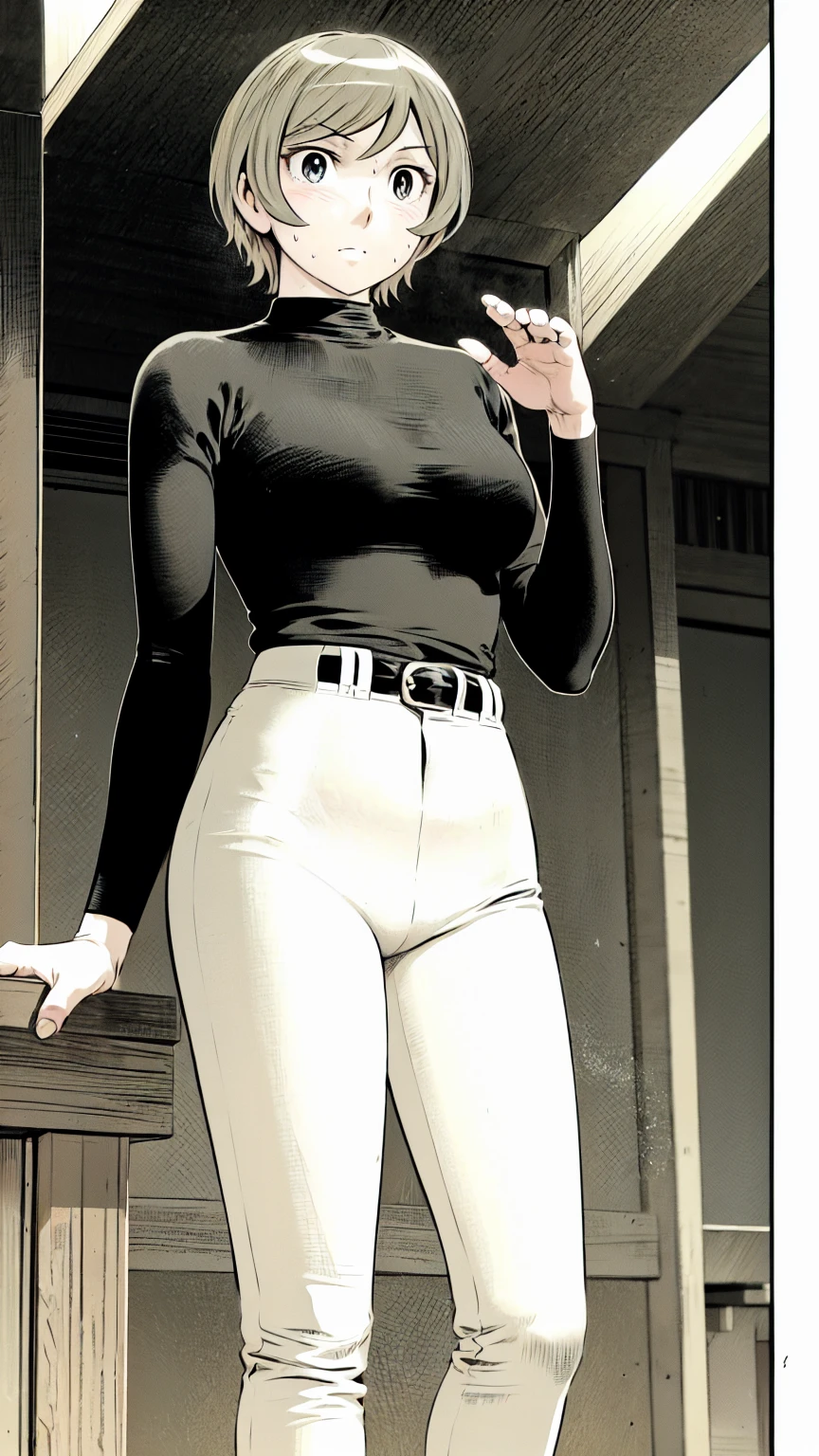 (野球uniform:1.2),
blonde, (short hair:1.2),Long sleeve, Black Shirt, turtleneck,White trousers、uniform、Black belt、((Illustration of a person))、big 、Muddy、Soil stains、ドロドロのuniform、
View your audience,, (Highest quality:1.3),One Girl, White pants、uniform、Outdoor、baseball ground、ground、soil、blue eyes、Tight black shirt、(masterpiece、Highest quality)、Highest quality, Ultra-high resolution, (((masterpiece))), alone, Sweat、big eyes、big Breasts、Torn clothes、 Fully exposed、Nipples、One Girl, Front view、Embarrassed face、Bronze colored hair、((short hair))、Stand up straight、Cowboy Shot