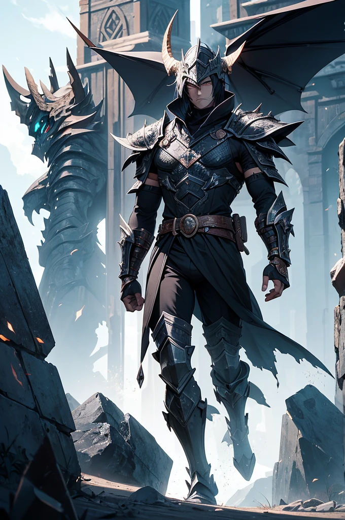 imposing warrior, wearing black armor forged from the scales and bones of Ancalagon, The Black Dragon. The armor has dark metallic plates with a slight bluish glow., engraved with ancient runes that emit a soft glow. The chest fitted to Lucas' body is reinforced, offering maximum protection and mobility. The shoulders are covered with wide espaliers, carved to imitate dragon wings, with sharp, detailed edges.
The arms are protected by intricately detailed bracers, with overlapping scales that provide flexibility and resistance. His legs are covered in greaves and shin guards, equally carved in scale patterns, ensuring every movement is both elegant and powerful.
Lucas wears a full helmet, but the visor is up, revealing her dark, expressive brown eyes. His black hair is short and slightly disheveled from battle.. The helmet is adorned with short horns that curve backwards., similar to those of Ancalagon.
He wields his Barret .50 enhanced, decorated with runes engraved by the dwarves, that increase the explosive power of projectiles. Next to you, a black-bladed dagger is strapped to his waist, ready for hand-to-hand combat. The surrounding scenery is a battlefield, with the colossal body of Ancalagon in the background, partially on fire, and fragments of stone and embers flying through the air.