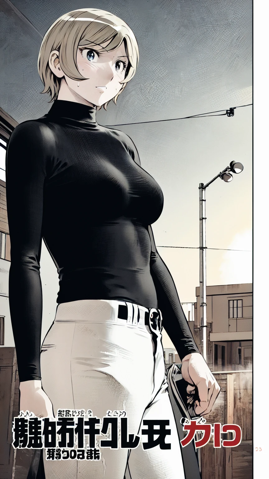 (野球uniform:1.2),
blonde, (short hair:1.2),Long sleeve, Black Shirt, turtleneck,White trousers、uniform、Black belt、((Illustration of a person))、big 、Muddy、Soil stains、ドロドロのuniform、
View your audience,, (Highest quality:1.3),One Girl, White pants、uniform、Outdoor、baseball ground、ground、soil、blue eyes、Tight black shirt、(masterpiece、Highest quality)、Highest quality, Ultra-high resolution, (((masterpiece))), alone, Sweat、big eyes、big Breasts、Torn clothes、 Fully exposed、Nipples、One Girl, Front view、Embarrassed face、Bronze colored hair、((short hair))、Stand up straight、Cowboy Shot