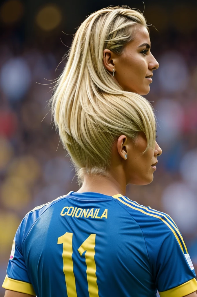 Woman from the back with the Colombian national team number 10 shirt, blonde hair color