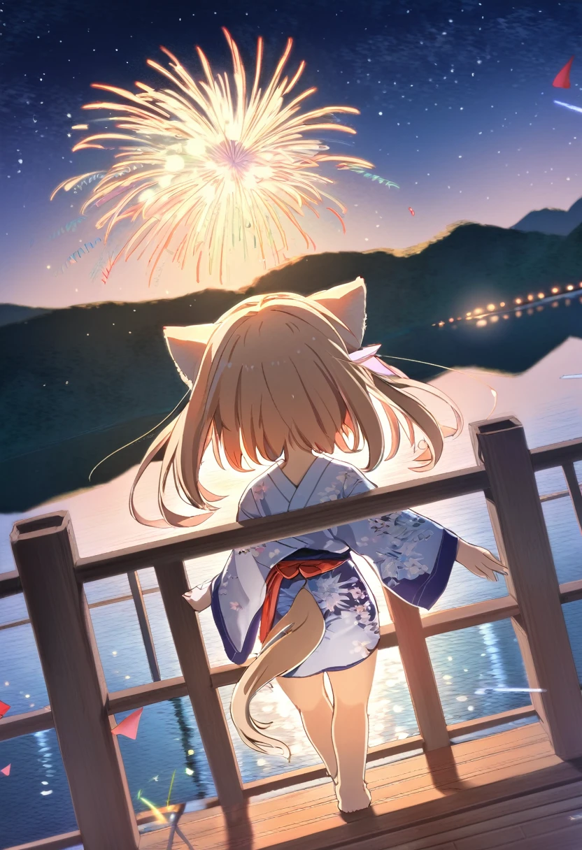 Highest quality, Highest quality, High resolution, masterpiece, 超High resolution, Detailed Background, lake, Night Sky, firework, Japanese Yukata, Absurd, Perfect Anatomy, Good lighting, Shadows in the movie(One girl, kemono, Furry Personification)various expressions, Upper Shot, Dynamic Angle,