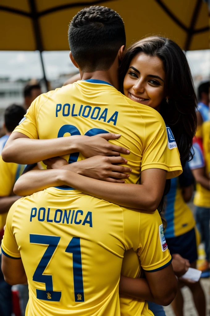 Couple hugging from behind with the yellow Colombian national team shirt with the names Adriana and Richar 