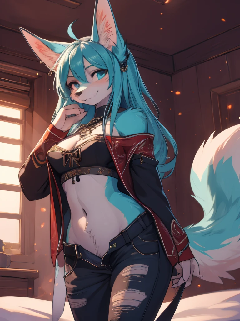 Miku Hatsune, add high definition_detail:1, blue fur,kitsune ears, tribal tattoo add_detail:1,Put in the leg, Walking position during the full moon showing her beautiful figure and outfit. (black bare shoulder blouse, he pulls down his pants with one hand, while biting.other ) sweaty body add_details:1, smiling add_detailsl:1, ear piercing add_detail:1, covering position in bed add_detail, horny girl add_detail:1 