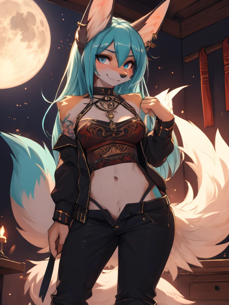 Miku Hatsune, add high definition_detail:1, blue fur,kitsune ears, tribal tattoo add_detail:1,Put in the leg, Walking position during the full moon showing her beautiful figure and outfit. (black bare shoulder blouse, he pulls down his pants with one hand, while biting.other ) sweaty body add_details:1, smiling add_detailsl:1, ear piercing add_detail:1, covering position in bed add_detail, horny girl add_detail:1 