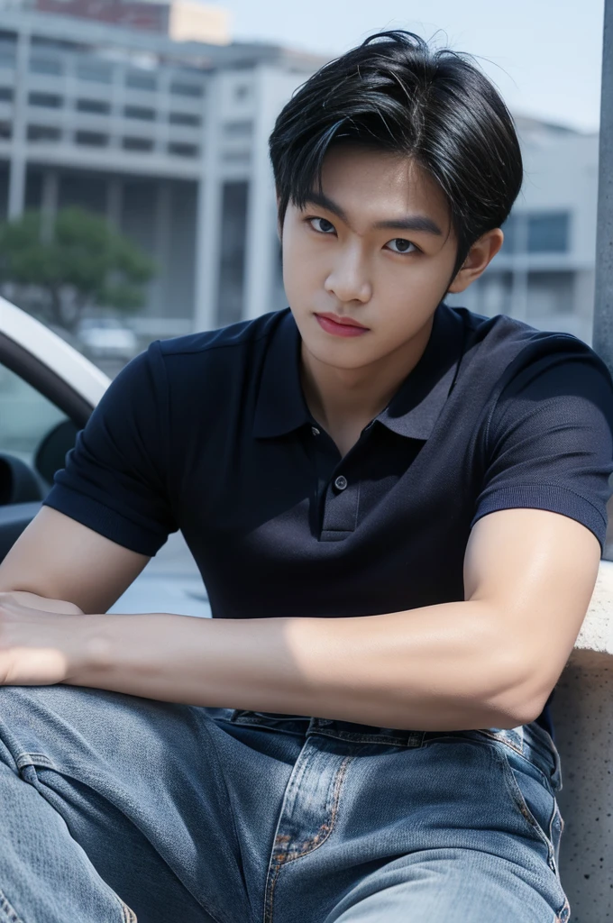 ((realistic daylight)) , Young Korean man in a navy blue polo shirt and jeans, A handsome, muscular young Asian man looks at the camera. In a simple t-shirt blue and red , roadside traffic ,((look sideways))
