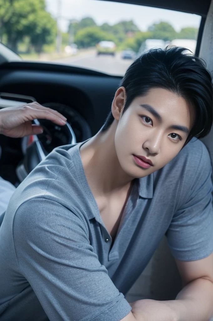 ((realistic daylight)) , Young Korean man in a navy blue polo shirt and jeans, A handsome, muscular young Asian man looks at the camera. In a simple t-shirt blue and red , roadside traffic ,((look sideways))