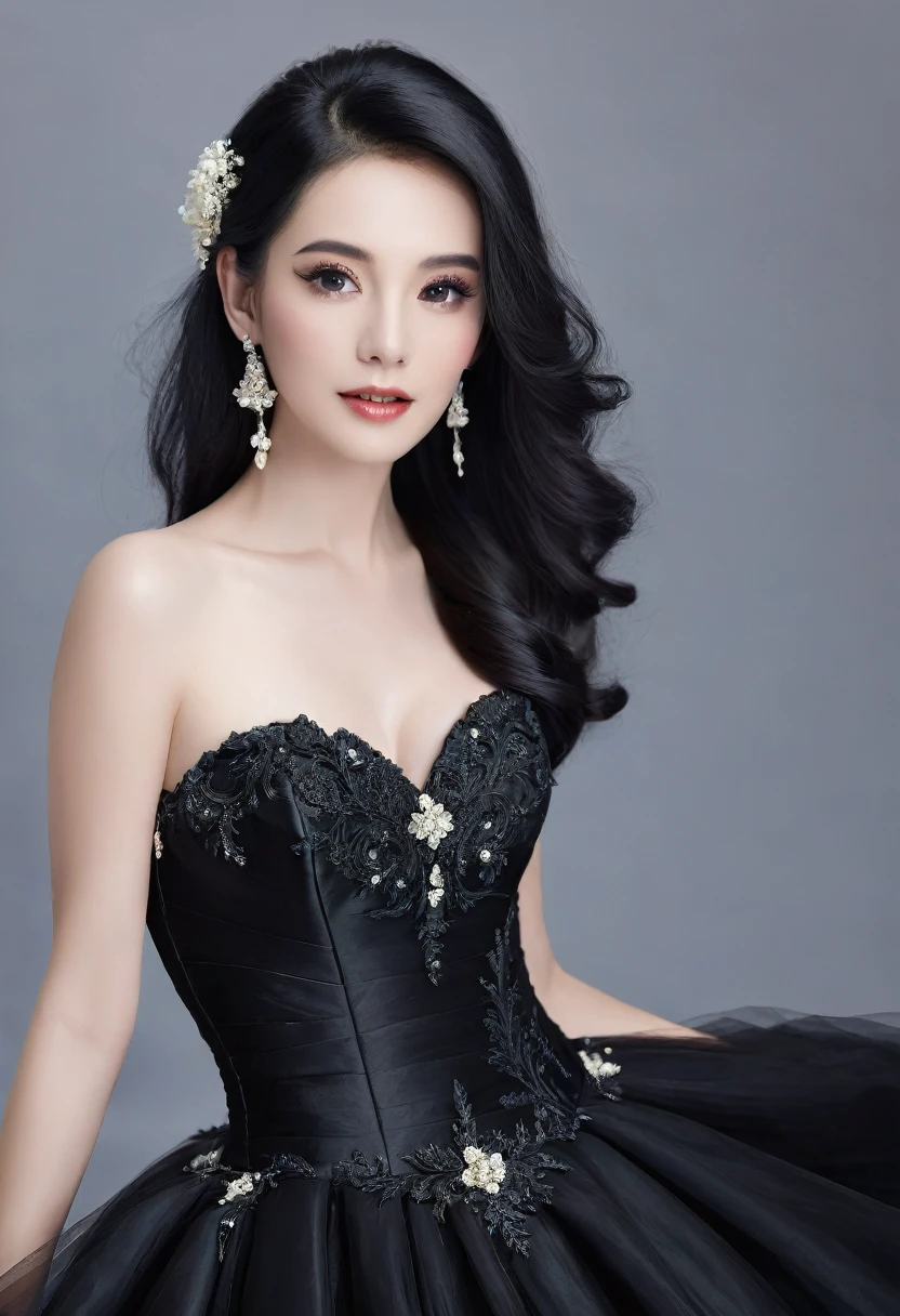 A Beauty Woman with black hair using a black wedding dress