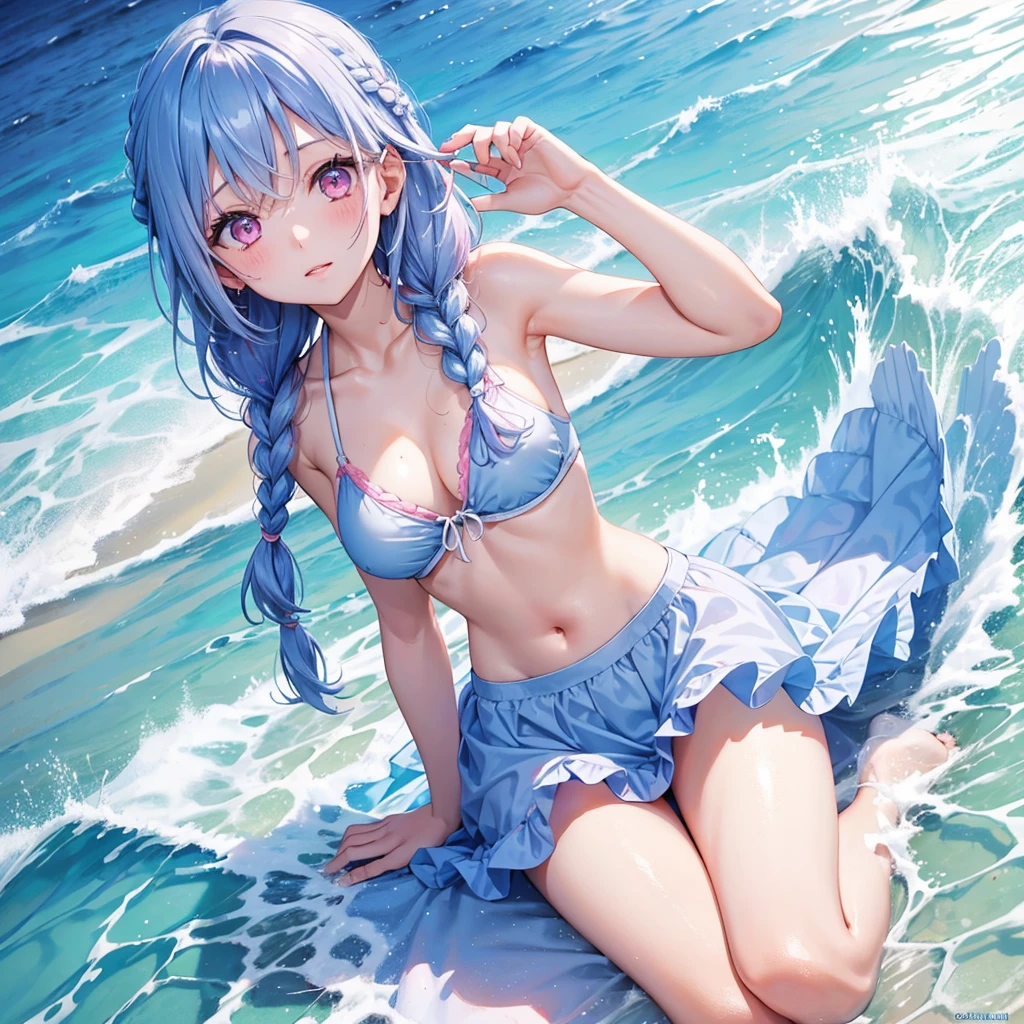 (Sky blue medium hair),(Braided hair tied together)、Pink eyes、Fair skin、(whole body)、(One Girl)、bikini、Shining white sand beach in midsummer、Okinawa's ocean、A happy smile、、(masterpiece、Highest quality、Very detailed、Best Shadow)、(Detailed Background)、(Beautifully detailed face)、High contrast、(Best lighting、Very delicate and beautiful)、((Cinematic Light))、colorful、Hyper Detail、Dramatic Light、Exquisite detail、Jumping and having fun