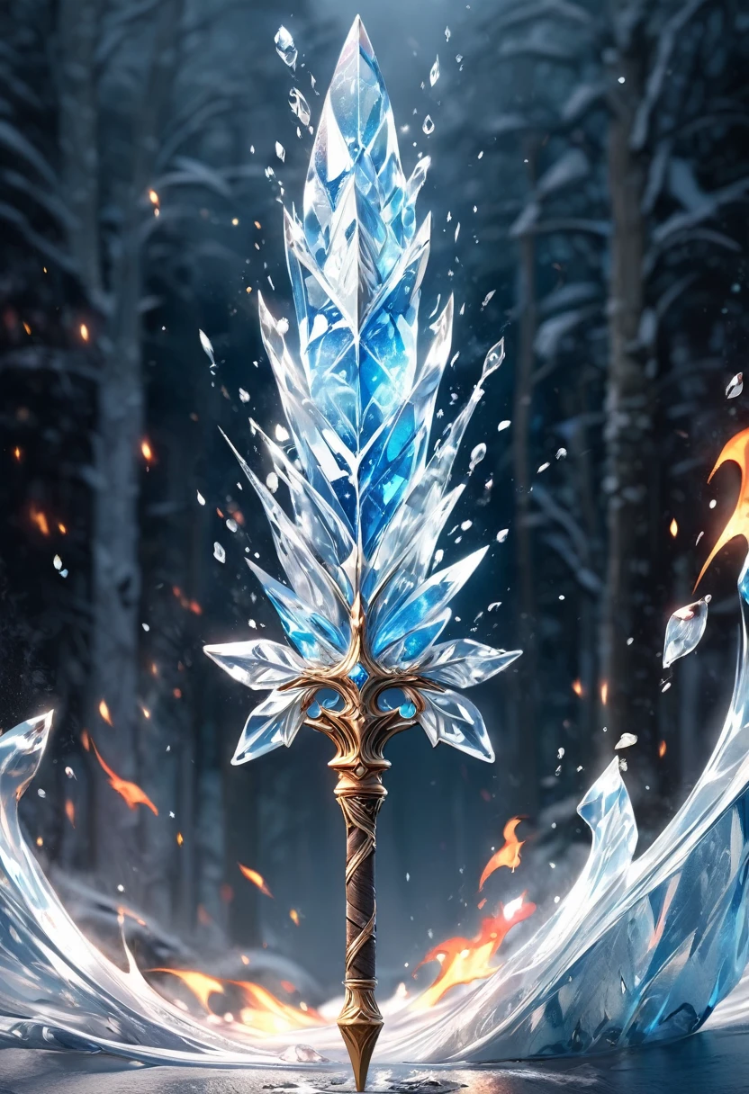 masterpiece, 8k, best quality, highly detailed, a magical staff made of magical ice & magical fire