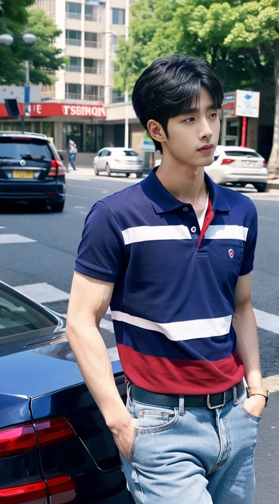((realistic daylight)) , Young Korean man in a navy blue polo shirt and jeans, A handsome, muscular young Asian man looks at the camera. In a simple t-shirt blue and red , roadside traffic ,((look sideways))