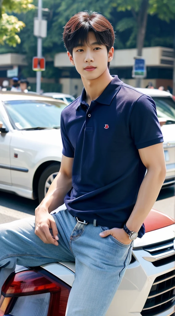 ((realistic daylight)) , Young Korean man in a navy blue polo shirt and jeans, A handsome, muscular young Asian man looks at the camera. In a simple t-shirt blue and red , roadside traffic ,((look sideways))