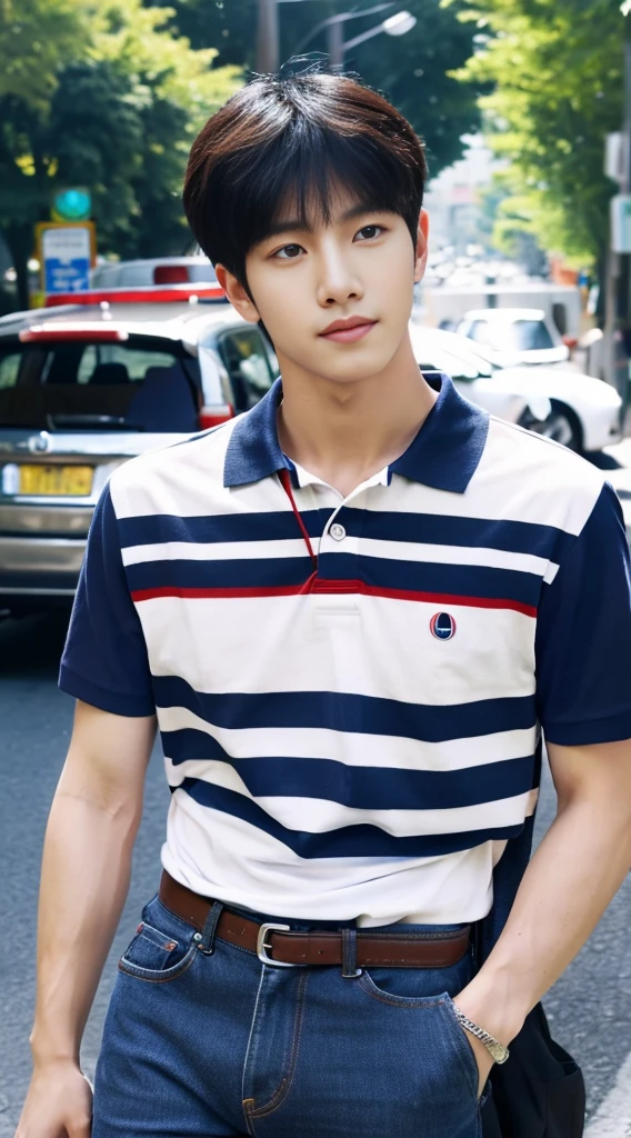 ((realistic daylight)) , Young Korean man in a navy blue polo shirt and jeans, A handsome, muscular young Asian man looks at the camera. In a simple t-shirt blue and red , roadside traffic ,((look sideways))