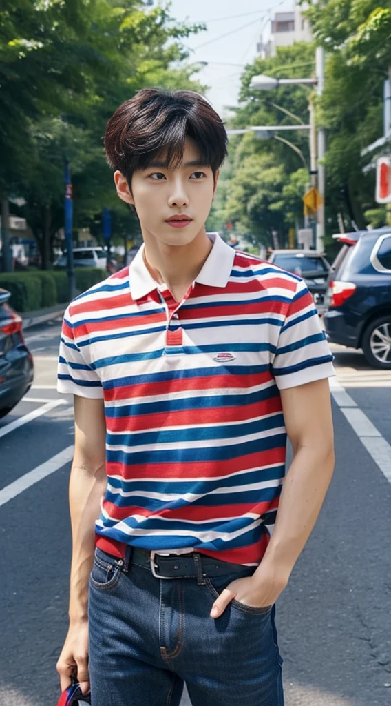 ((realistic daylight)) , Young Korean man in a navy blue polo shirt and jeans, A handsome, muscular young Asian man looks at the camera. In a simple t-shirt blue and red , roadside traffic ,((look sideways))
