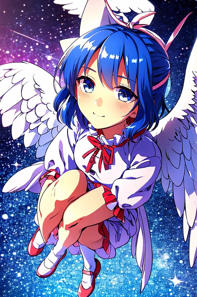 (best quality,4k,8k,highres,masterpiece:1.2), ultra-detailed, highly detailed texture, intricate details, A cute teenage angel with blue eyes, drawn in anime style, 1girl, , , 10 years old, medium blue hair, hair flaps, pink ribbon on head, well-formed face, blue eyes, angel girl, white blouse, puffy short sleeves, red ribbon, angel wings, long white skirt, red shoes, frills, ribbon head, A pair of angel wings on the back