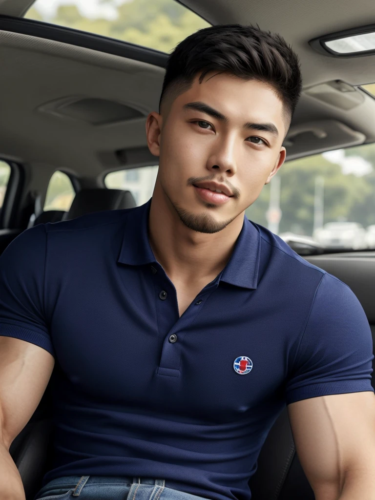 Tony Labrusca, ((realistic daylight)) , Young Korean man in a navy blue polo shirt and jeans, A handsome, muscular young Asian man looks at the camera. In a simple t-shirt blue and red , roadside traffic ,((look sideways))