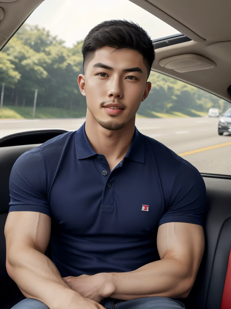 Tony Labrusca, ((realistic daylight)) , Young Korean man in a navy blue polo shirt and jeans, A handsome, muscular young Asian man looks at the camera. In a simple t-shirt blue and red , roadside traffic ,((look sideways))