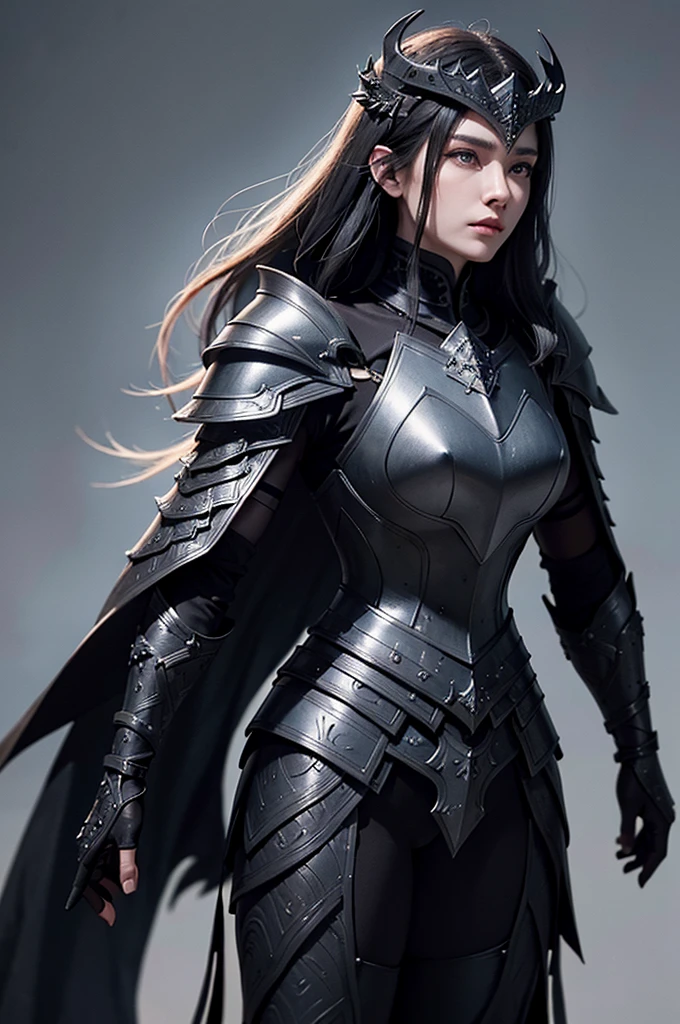 Stunning warrior wearing black armor forged from the scales and bones of Ancalagon, The Black Dragon. The armor is composed of dark metallic plates with a slight bluish glow., engraved with ancient runes. The breastplate fitted to Elara's body is reinforced and decorated with thorns and details that resemble the dragon's scales.. The espaliers imitate the dragon's wings, with sharp edges. The arms are protected by bracers carved in scale patterns, and the legs are covered in greaves and shin guards that offer flexibility and resistance. Elara wears a partial helmet, leaving your face partially exposed. Her bright, expressive green eyes contrast with her black hair., which falls in gentle waves and is partially pinned back. The helmet is adorned with short horns that curve backwards., similar to those of Ancalagon. She holds the Arch of Stars, That shines with an ethereal light, and a legendary dagger, the Blade of Shadow, is attached to your waist. The surrounding scenery is a battlefield, with the colossal body of Ancalagon in the background.