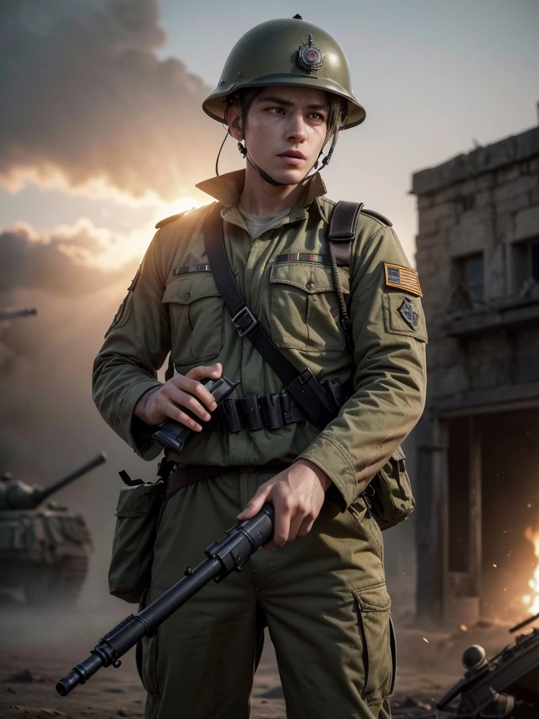 high quality military soldier, World War II, German soldier, uniform, german helmet, holding rifle, tank, battlefield scene, war, explosions, smoke, ruins, dust clouds, heroic, gritty, photorealistic, cinematic lighting, dramatic shadows, muted colors, (best quality,4k,8k,highres,masterpiece:1.2),ultra-detailed,(realistic,photorealistic,photo-realistic:1.37),HDR,UHD,studio lighting,ultra-fine painting,sharp focus,physically-based rendering,extreme detail description,professional,vivid colors,bokeh