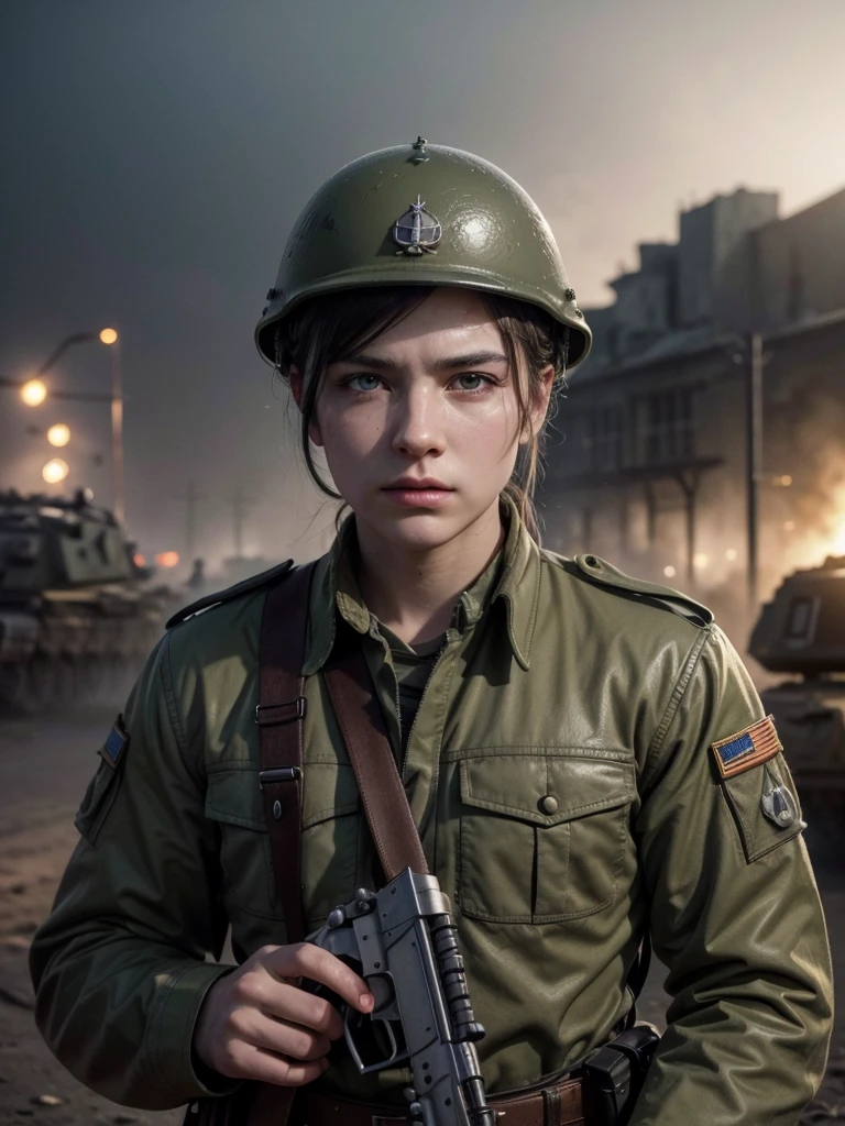 high quality military soldier, World War II, German soldier, uniform, german helmet, holding rifle, tank, battlefield scene, war, explosions, smoke, ruins, dust clouds, heroic, gritty, photorealistic, cinematic lighting, dramatic shadows, muted colors, (best quality,4k,8k,highres,masterpiece:1.2),ultra-detailed,(realistic,photorealistic,photo-realistic:1.37),HDR,UHD,studio lighting,ultra-fine painting,sharp focus,physically-based rendering,extreme detail description,professional,vivid colors,bokeh