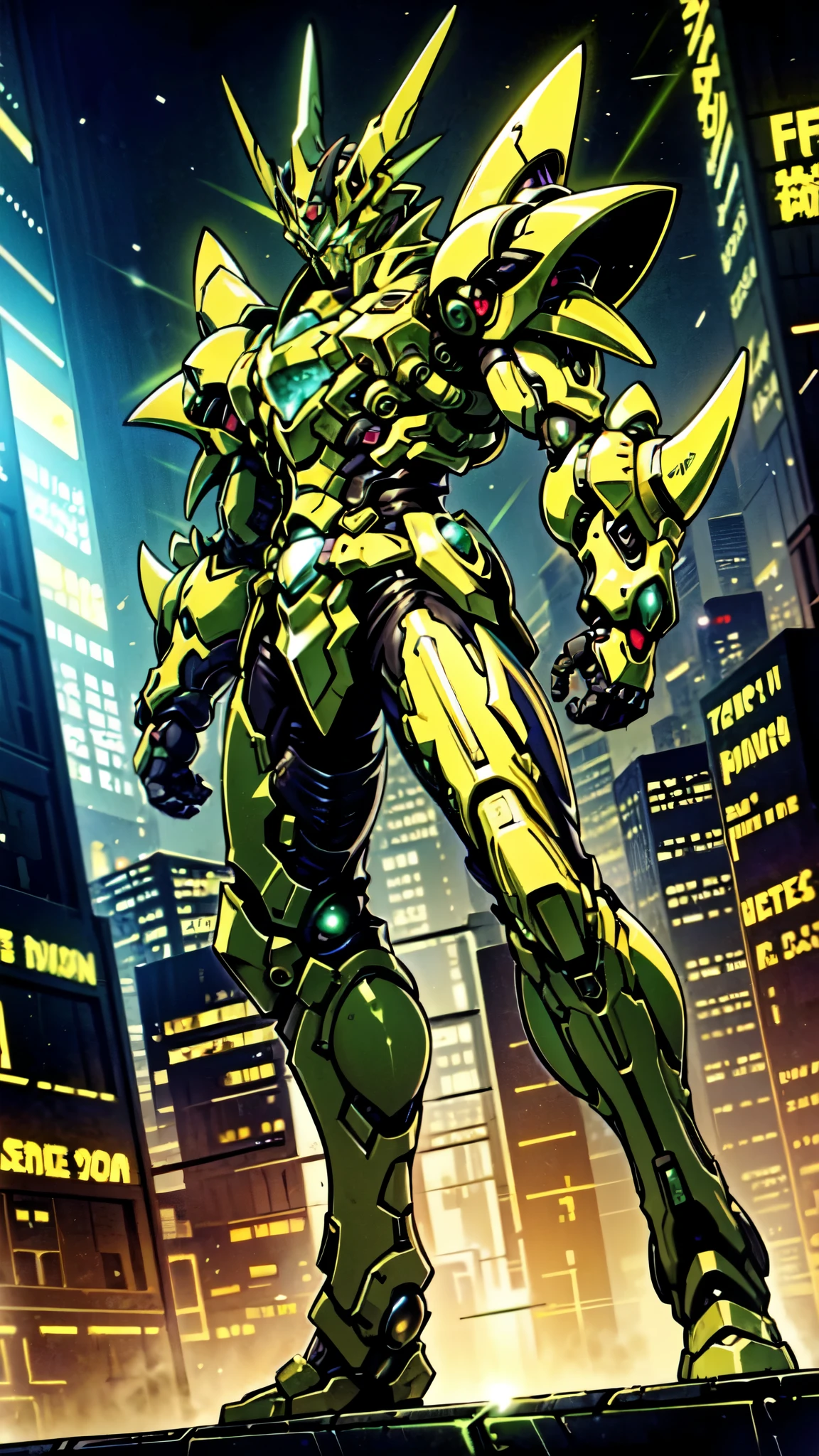 (masterpiece:1.5, best quality:1.5, extremely delicate:1.5, foreshortening:1.5, dynamic angle:1.5), a man wearing a full-face helmet, a fantasy-style biotech armored combat suit, green eyes, (a composite layered chest armor), fully enclosed shoulder guards, matching arm and leg guards, the belt is adorned with neon circuitry, (the color scheme is primarily black glow with green and red accents), the design balances heavy with agility, a high-tech bio-mecha armor, (Armor Concept Inspired by neon Cyberpunk, stand on the top of a skyscraper in a futuristic sci-fi city), this character embodies a finely crafted fantasy-surreal style armored hero in anime style, exquisite and mature manga art style, (element, plasma, energy, the armor glows), ((male:1.5)), metallic, high definition, highres, ultra-detailed, ultra-fine painting, professional, perfect body proportions, golden ratio, anatomically correct, symmetrical face, extremely detailed eyes and face, high quality eyes, creativity, RAW photo, UHD, 32k, Natural light, cinematic lighting, masterpiece-anatomy-perfect