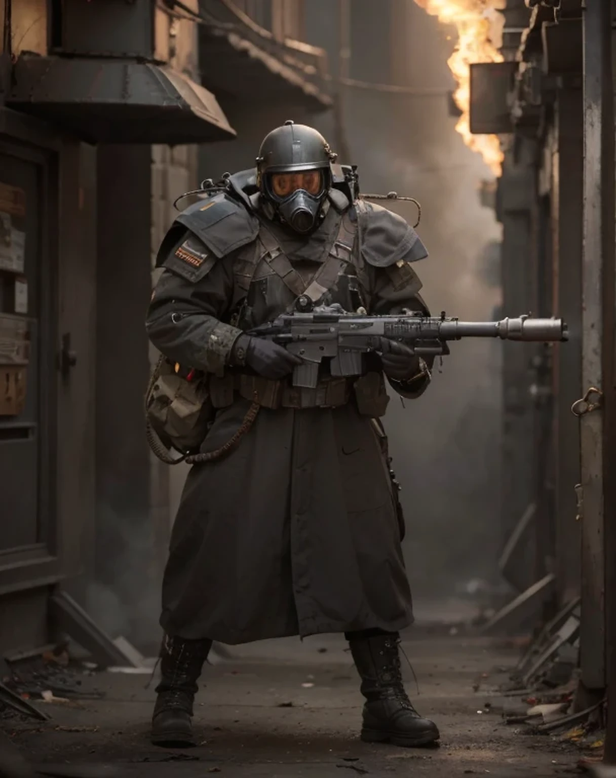Male soldier, looks forward, gas mask, gray helmet, dark brown Soviet style uniform, belt with ammunition, dark gray oval metal shoulder pads, black boots, gloved hands, highly detailed hands, has flamethrower, pipes, has iron tanks on the back, he is in a tropical town, Flames, smoke, ultra-realistic, 4k, Ultra detailed image, realistic, Highly detailed, perfect composition, gorgeous, Intricately detailed, incredibly detailed, Art photography 8K, hyper detailed, Masterpiece, Ultra detailed, hyper realistic, 4k, Ultra detailed image, realistic, Highly detailed, perfect composition, beautiful, intricately detailed, incredibly detailed, art photography 8k, hyper detailed, masterpiece