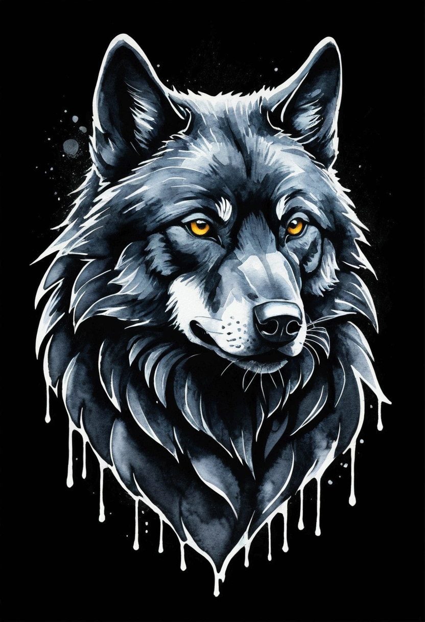 High quality, logo style, watercolor, with 3D effect, as if puff printing. Powerful logo with strong, dark colors, of a black wolf. Monochromatic background, by yukisakura, incredible and original colors of the species. Traditional Screen Printing: "Create a t-shirt design with traditional screen printing using layers of solid, overlapping colors."