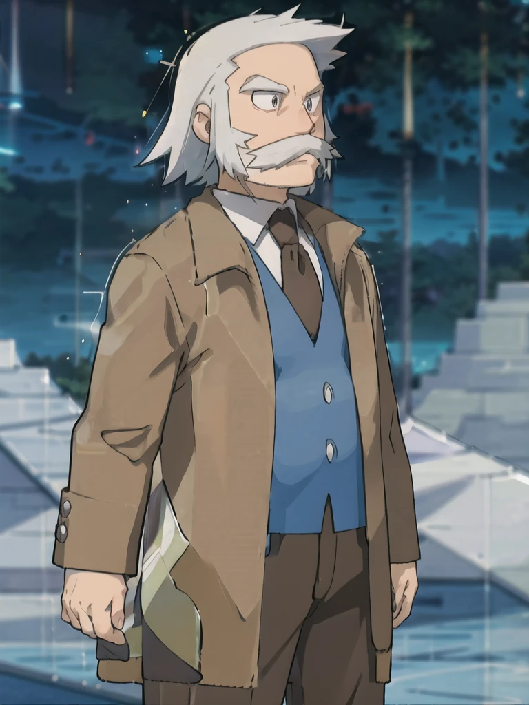 ProfessorRowan, solo, looking at viewer, shirt, 1boy, closed mouth, white shirt, upper body, white hair, male focus, outdoors,brown coat, necktie, collared shirt, blurry, night, blurry background, parody, formal, style parody