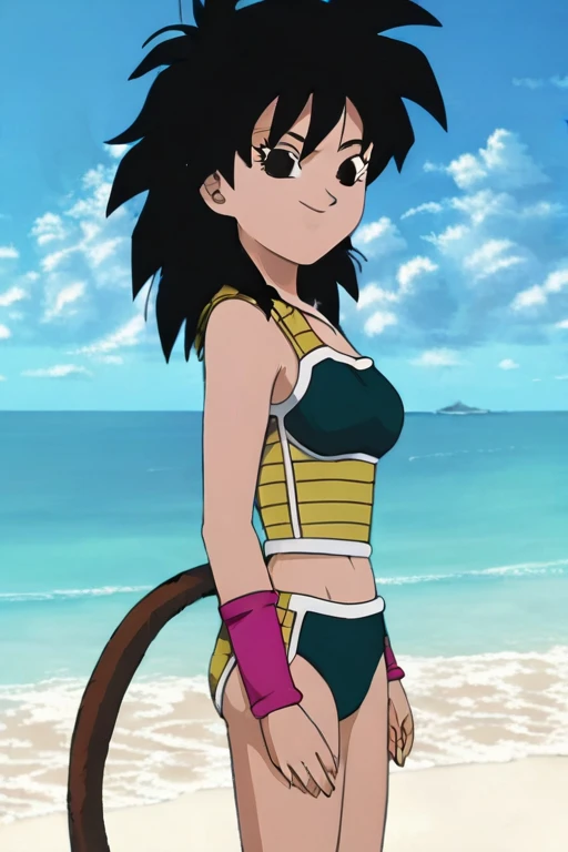 source_anime, score_9,score_8_up, score_7_up, ginedb, anime screencap, 1girl, solo, looking at viewer, smile, medium breasts, black hair, beach, ocean, bare shoulders, medium breasts, smile, standing, arms at sides, cowboy shot, medium hair, black eyes, spiked hair, eyelashes, masterpiece, best quality, very aesthetic, absurdres, blue bikins, yellow top, strapless tube top, blue panty, midriff, blue skies, standing
