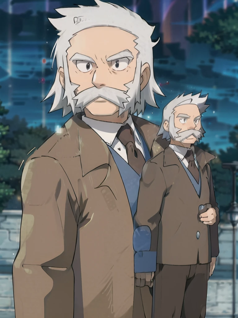 ProfessorRowan, solo, looking at viewer, shirt, 1boy, closed mouth, white shirt, upper body, white hair, male focus, outdoors,brown coat, necktie, collared shirt, blurry, night, blurry background, parody, formal, style parody