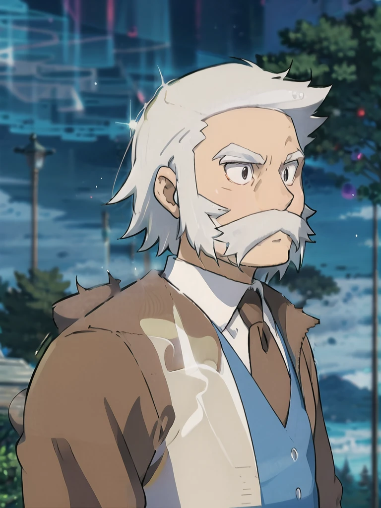ProfessorRowan, solo, looking at viewer, shirt, 1boy, closed mouth, white shirt, upper body, white hair, male focus, outdoors,brown coat, necktie, collared shirt, blurry, night, blurry background, parody, formal, style parody