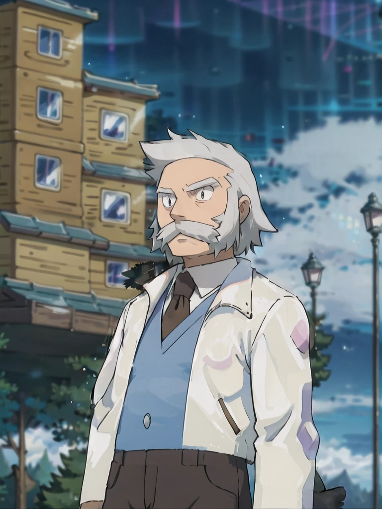 ProfessorRowan, solo, looking at viewer, shirt, 1boy, closed mouth, white shirt, upper body, white hair, male focus, outdoors,brown coat, necktie, collared shirt, blurry, night, blurry background, parody, formal, style parody