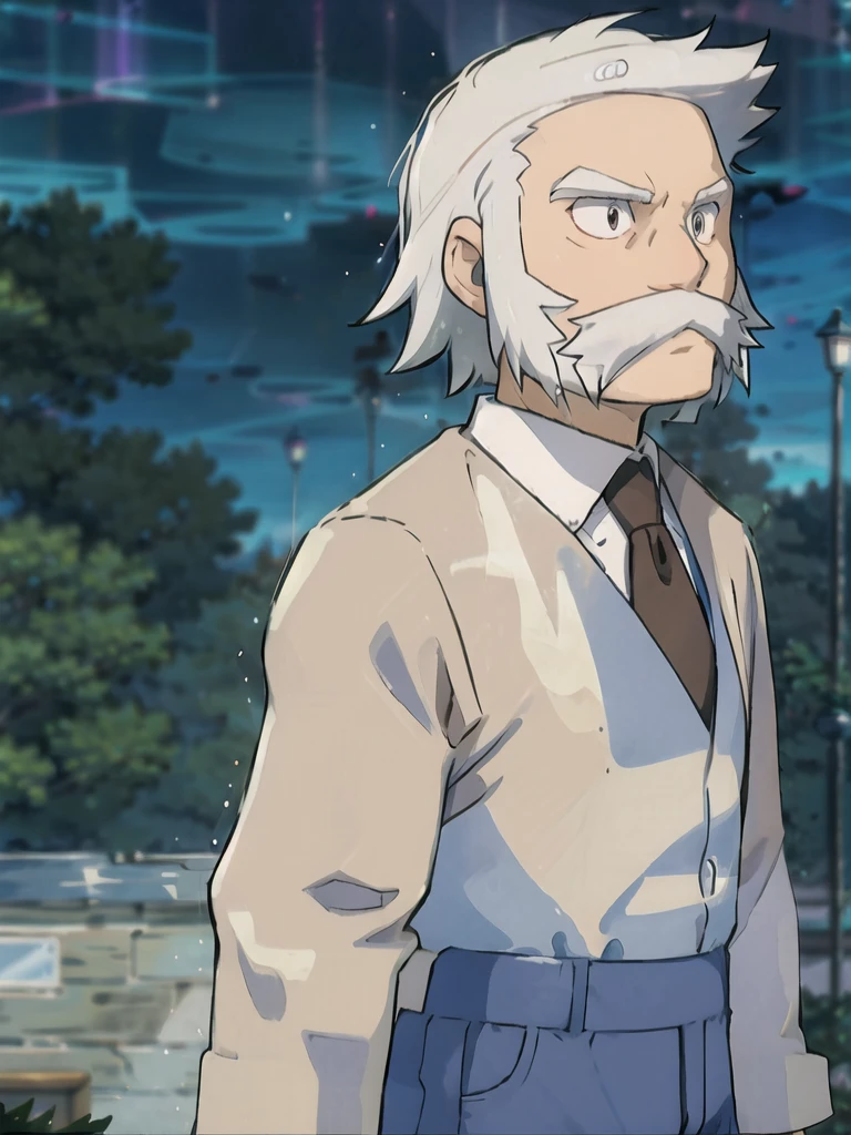 ProfessorRowan, solo, looking at viewer, shirt, 1boy, closed mouth, white shirt, upper body, white hair, male focus, outdoors,brown coat, necktie, collared shirt, blurry, night, blurry background, parody, formal, style parody