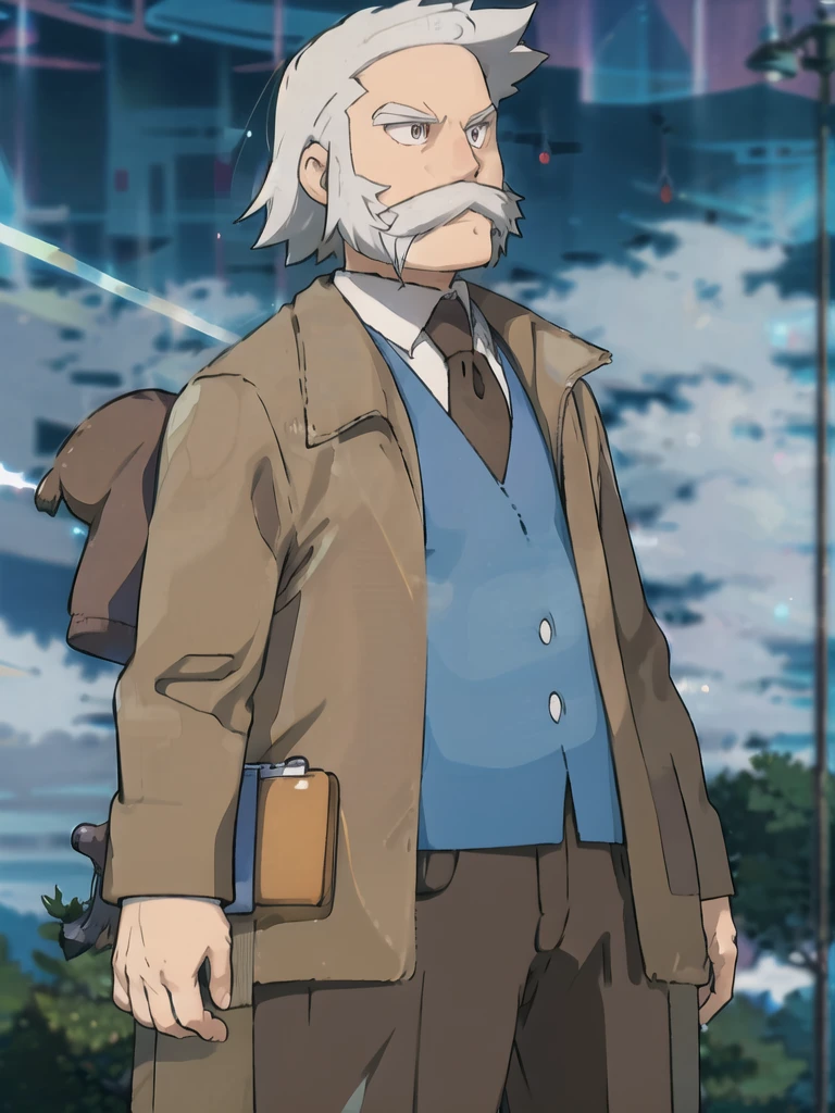 ProfessorRowan, solo, looking at viewer, shirt, 1boy, closed mouth, white shirt, upper body, white hair, male focus, outdoors,brown coat, necktie, collared shirt, blurry, night, blurry background, parody, formal, style parody
