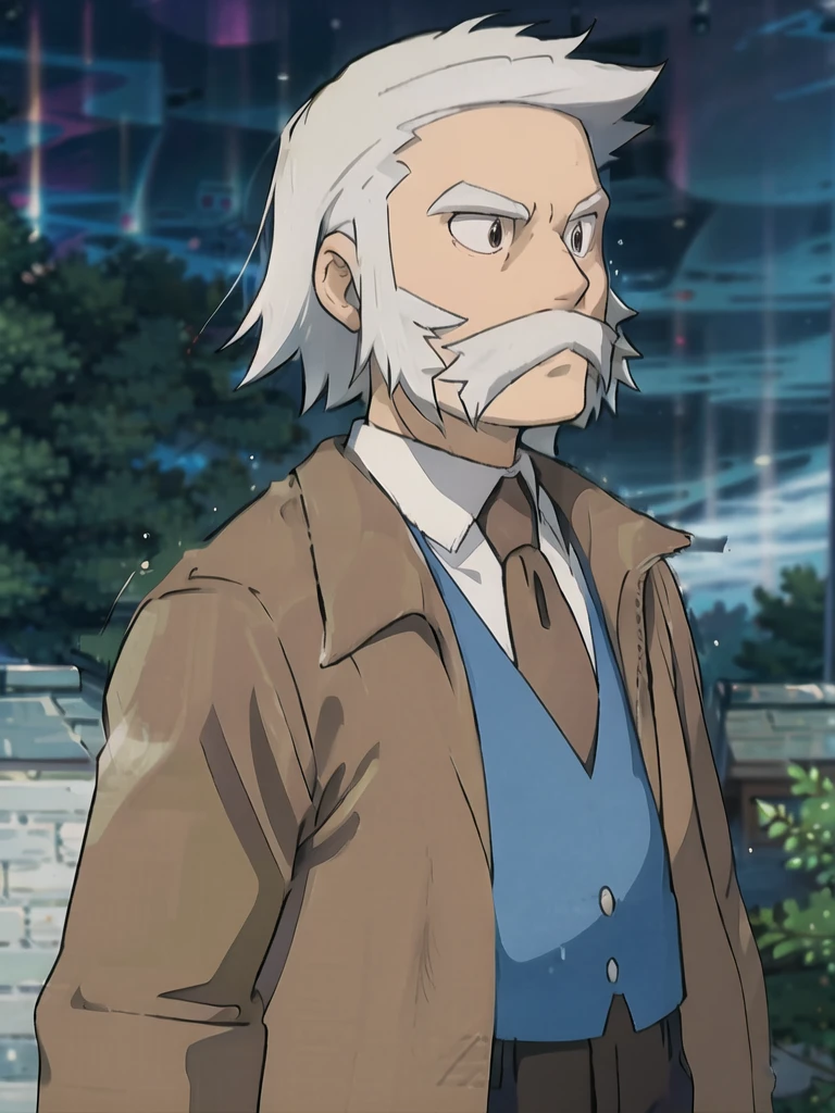ProfessorRowan, solo, looking at viewer, shirt, 1boy, closed mouth, white shirt, upper body, white hair, male focus, outdoors,brown coat, necktie, collared shirt, blurry, night, blurry background, parody, formal, style parody