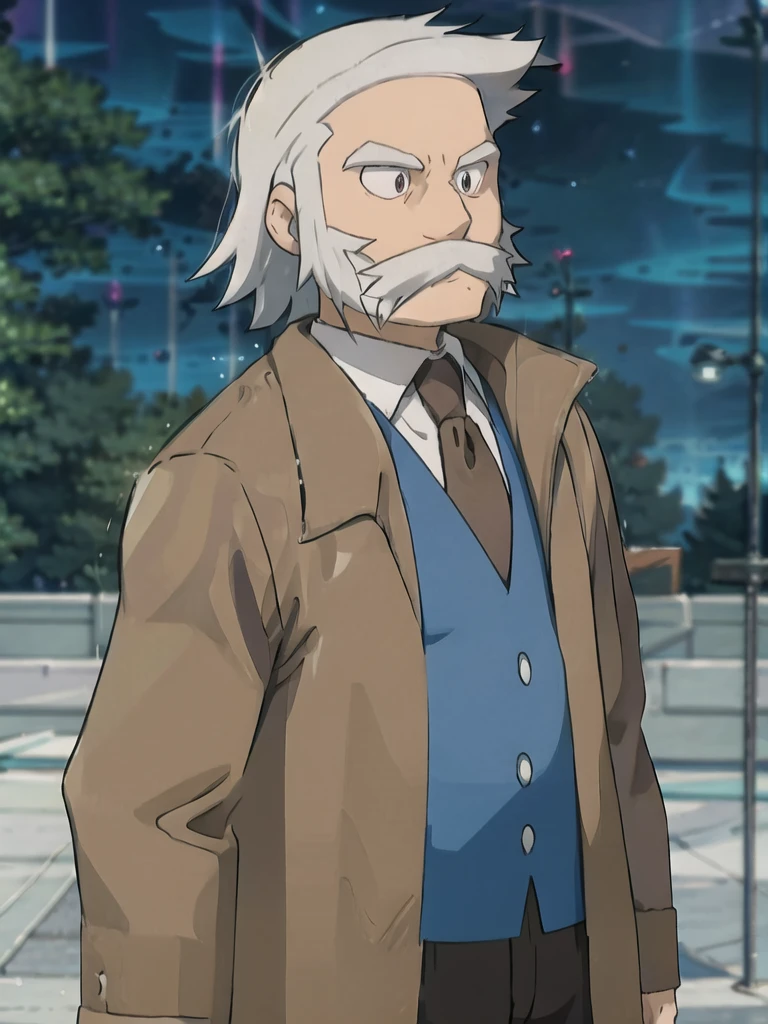 ProfessorRowan, solo, looking at viewer, shirt, 1boy, closed mouth, white shirt, upper body, white hair, male focus, outdoors,brown coat, necktie, collared shirt, blurry, night, blurry background, parody, formal, style parody