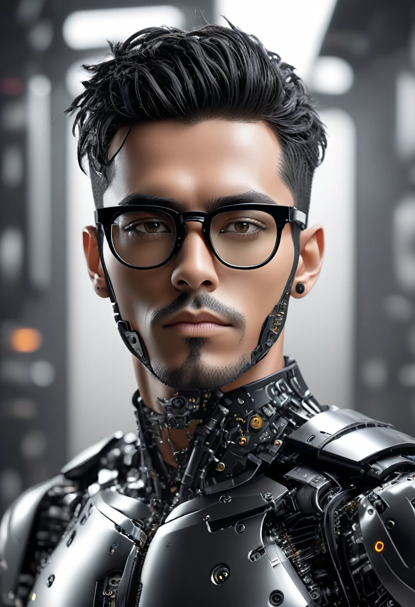 Male robot body hair with black-rimmed glasses with undercut hair, Look to the camera ::futuristic cyberpunk style ,realistic styling ::n_digital painting style, robotic parts, face perfect::seed 1、Black Edged Hair、large nose、Black-based clothing, photo by full body, White background