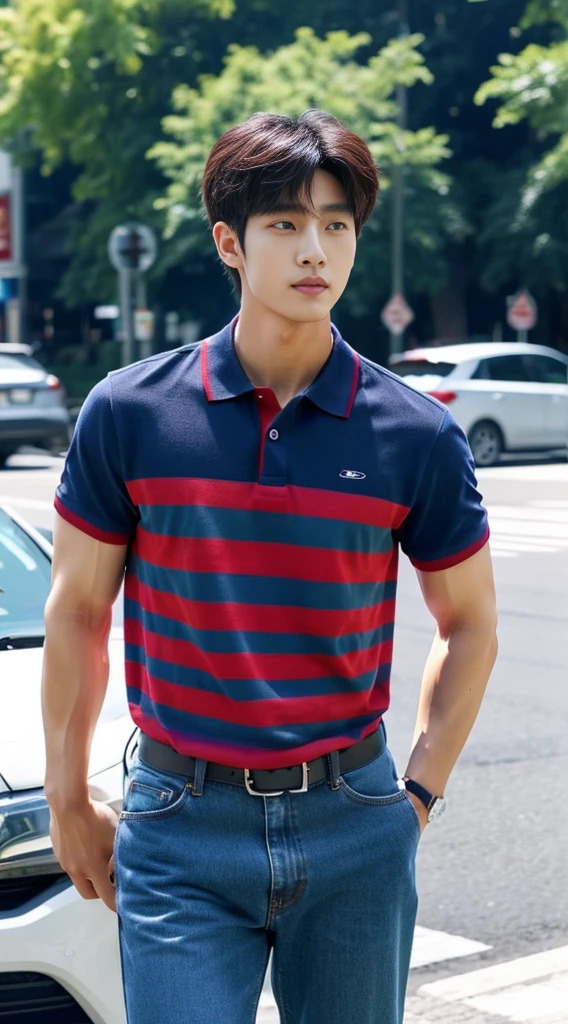 ((realistic daylight)) , Young Korean man in a navy blue polo shirt and jeans, A handsome, muscular young Asian man looks at the camera. In a simple t-shirt blue and red , roadside traffic ,((look sideways))